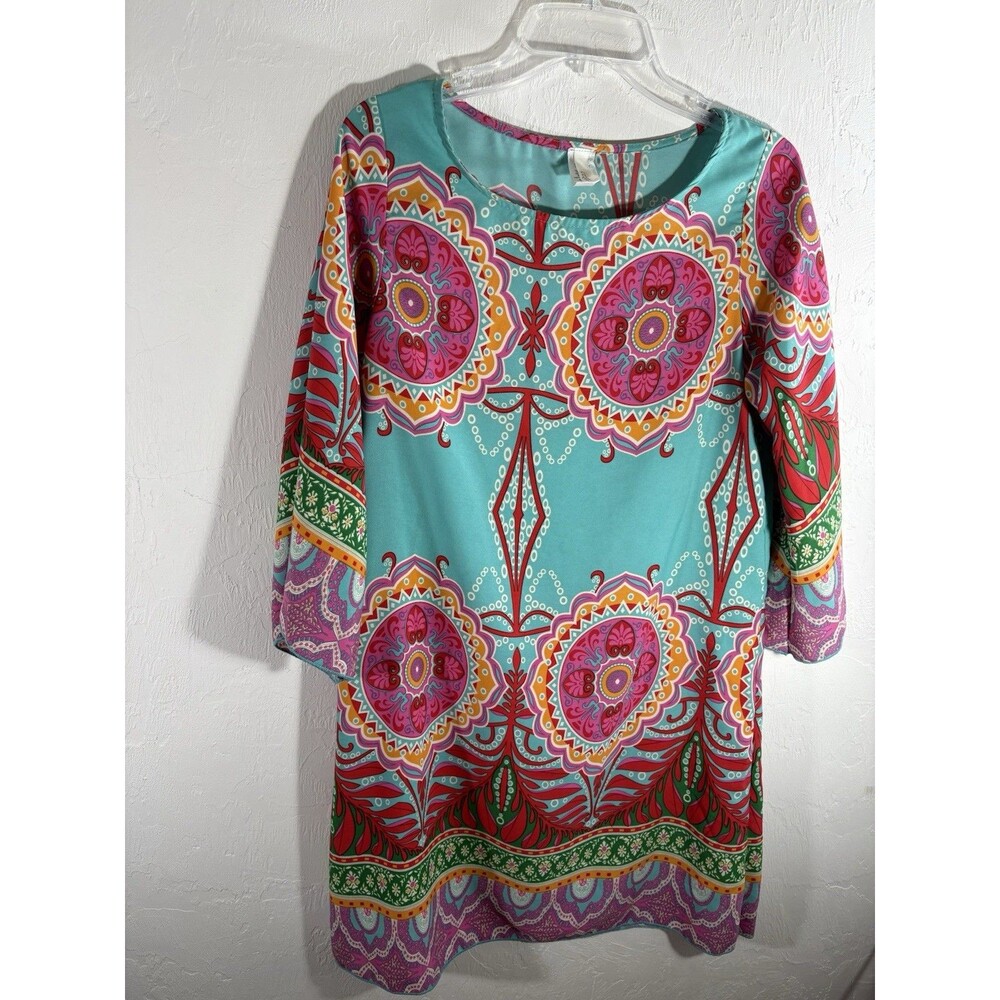 Cezanne Hot Pink Teal Orange  Go-go 60s Mod Shift Dress  3/4 Sleeve Womens Sz M